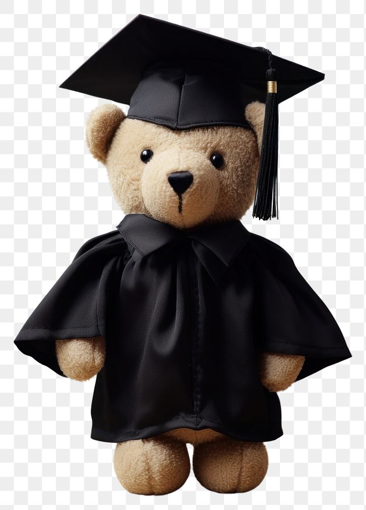 PNG Stuffed doll bear wearing graduation gown toy representation intelligence.