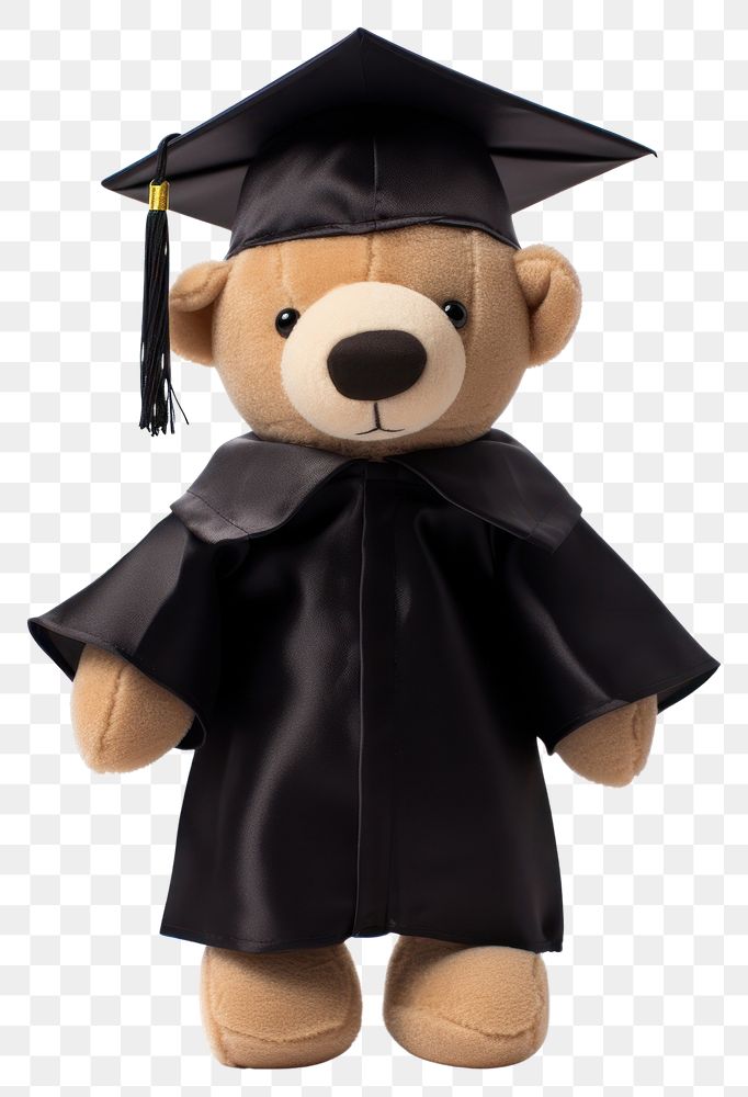 PNG Stuffed doll bear wearing graduation gown toy white background representation.