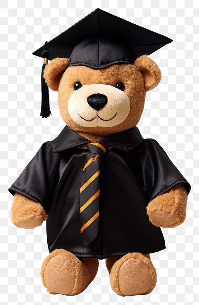 PNG Stuffed doll bear wearing graduation gown plush toy representation.