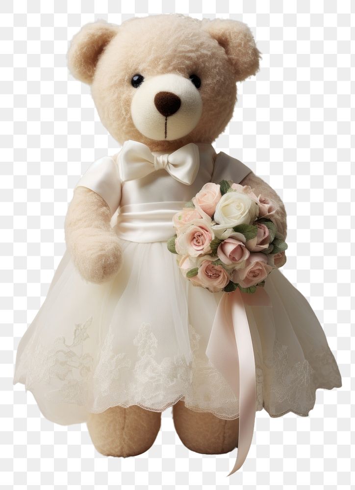 PNG Stuffed doll bear wedding flower white cute.