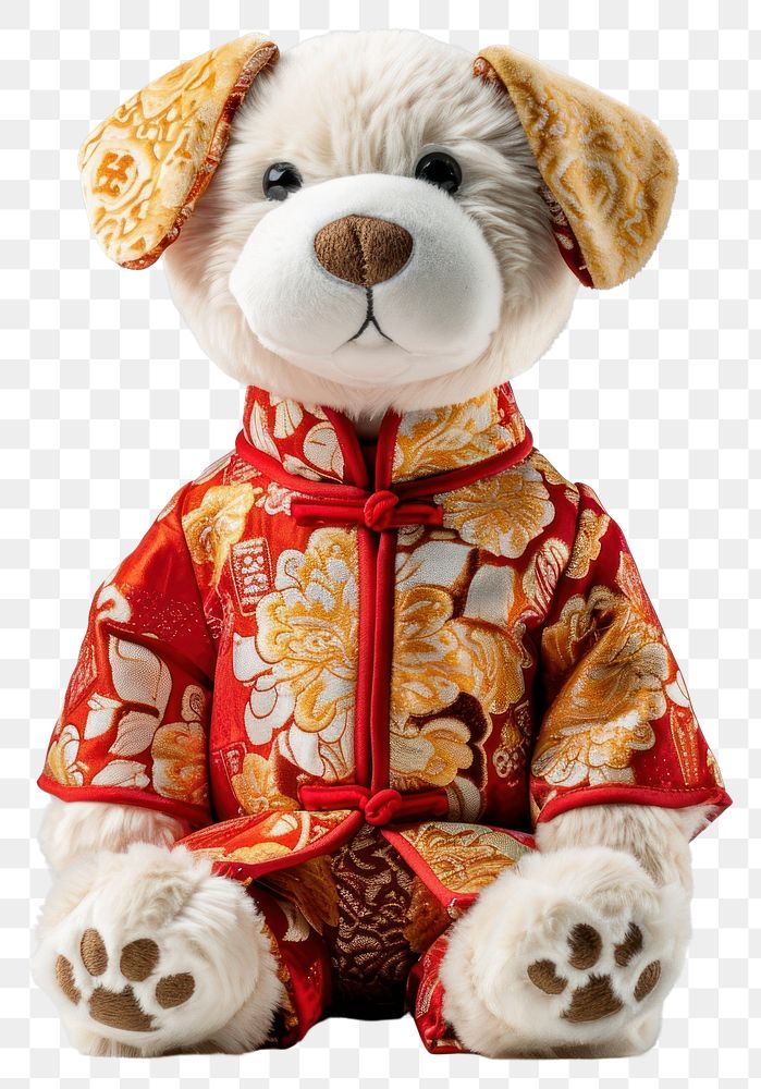 PNG Stuffed doll dog wearing chinese clothe cute toy representation.