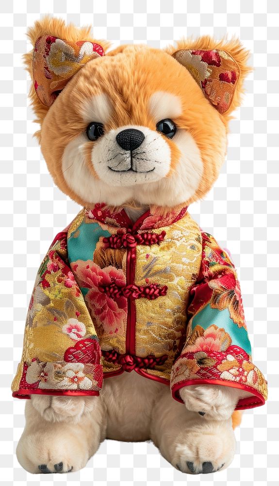 PNG Stuffed doll dog wearing chinese clothe cute toy representation.