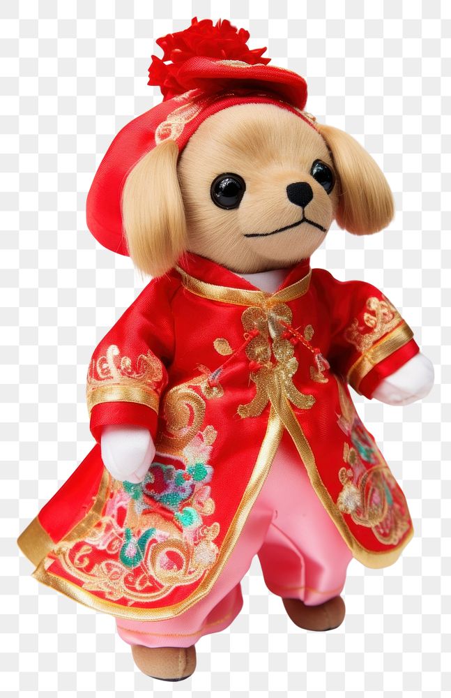 PNG Stuffed doll dog wearing chinese dress figurine cute toy.