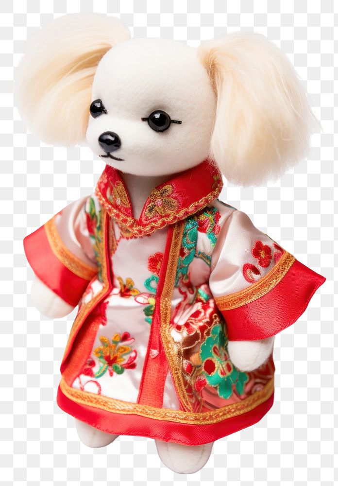 PNG Stuffed doll dog wearing chinese dress white cute toy.