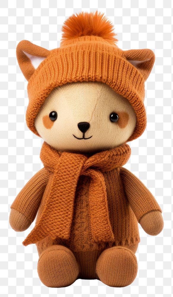 PNG Stuffed doll fox with hat mammal plush cute.