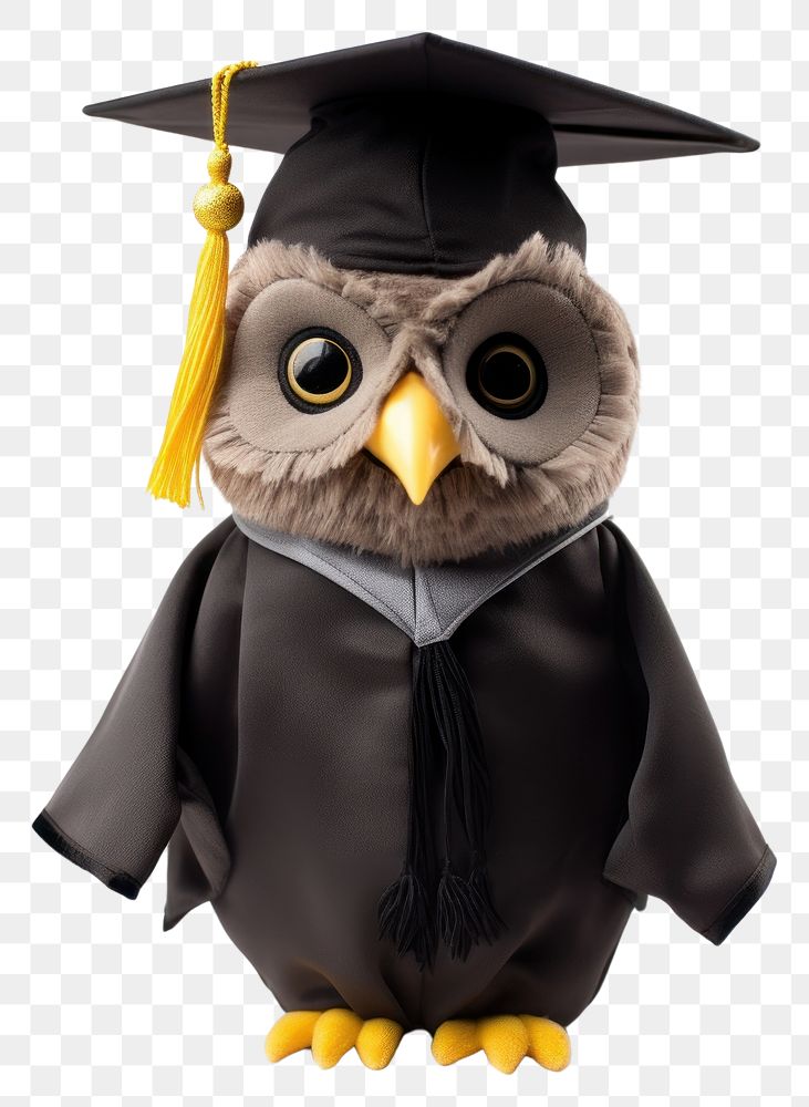 PNG Stuffed doll owl wearing graduation gown white background anthropomorphic representation.