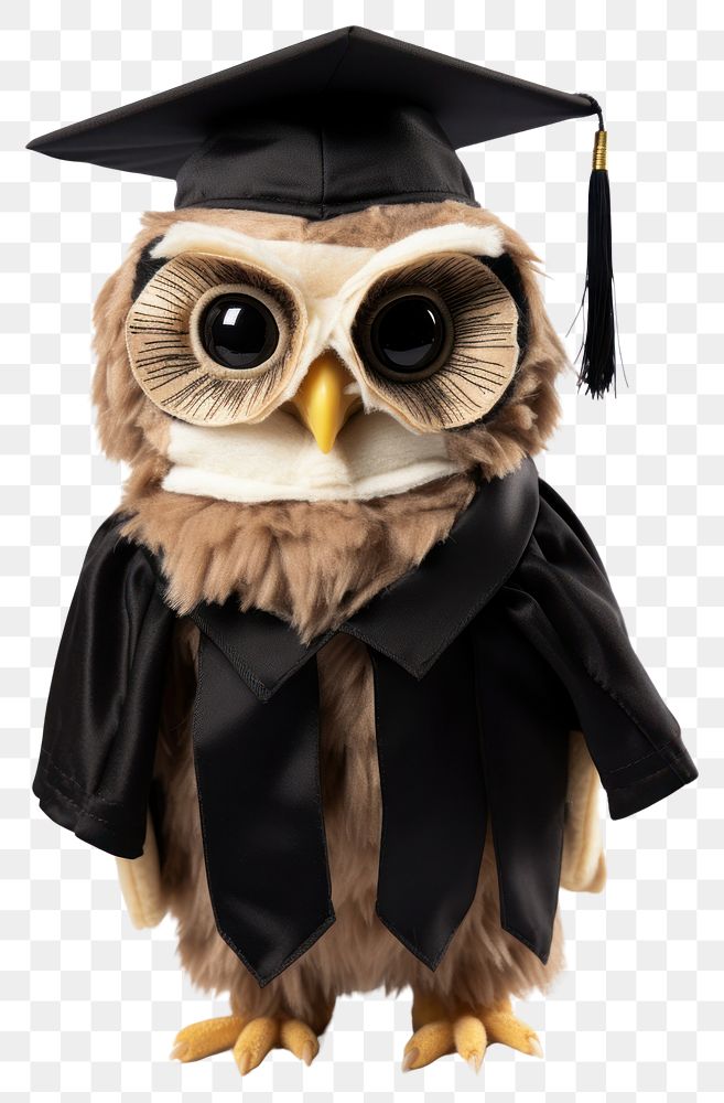 PNG Stuffed doll owl wearing graduation gown white background anthropomorphic representation.