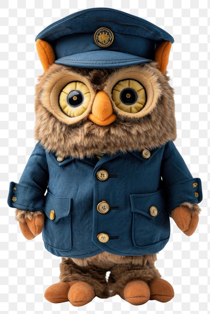 PNG Stuffed doll owl wearing studen uniform plush toy anthropomorphic.
