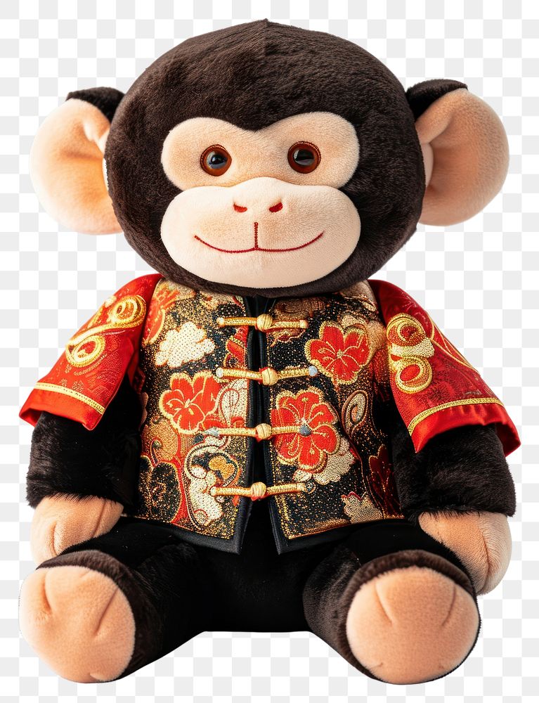 PNG Stuffed doll monkey wearing chinese clothe plush cute toy.