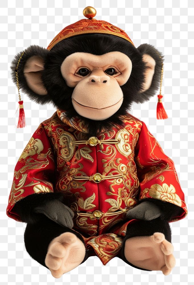 PNG Stuffed doll monkey wearing chinese clothe cute toy representation.