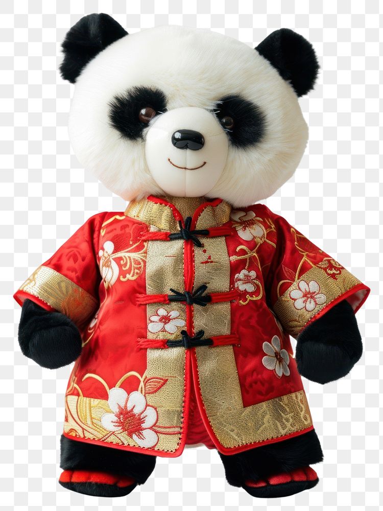 PNG Stuffed doll panda wearing chinese clothe cute toy representation.