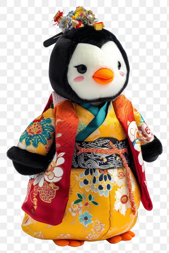 PNG Stuffed doll penguin wearing chinese clothe toy white background representation.