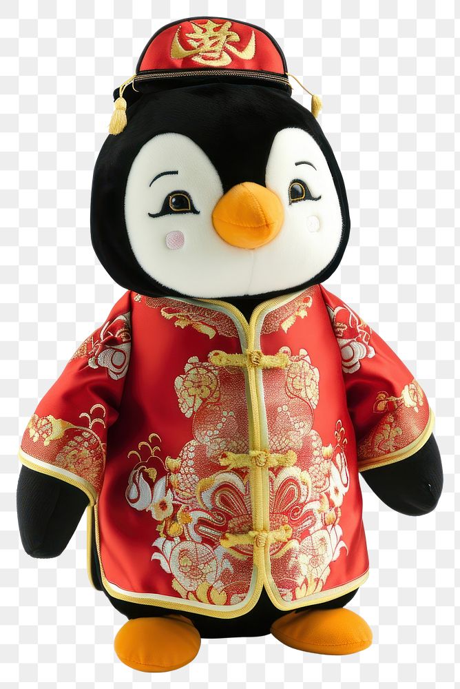 PNG Stuffed doll penguin wearing chinese clothe cute toy representation.