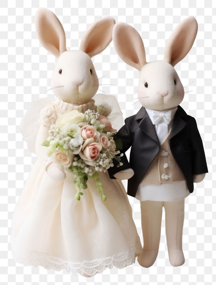 PNG Stuffed doll rabbits wedding figurine flower white.
