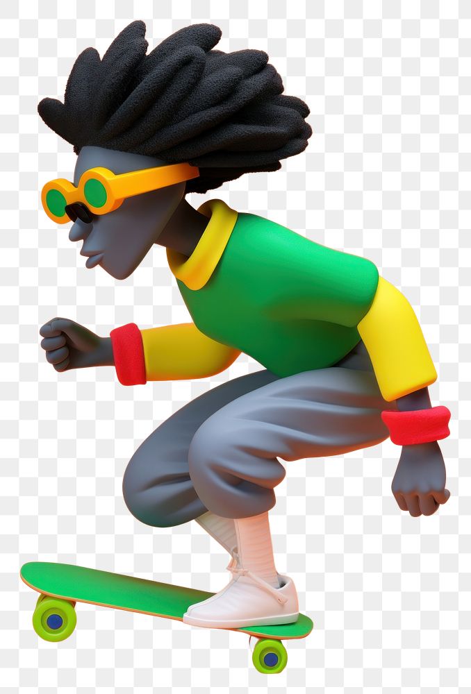 PNG  Black man playing skateboard figurine cartoon toy. AI generated Image by rawpixel.