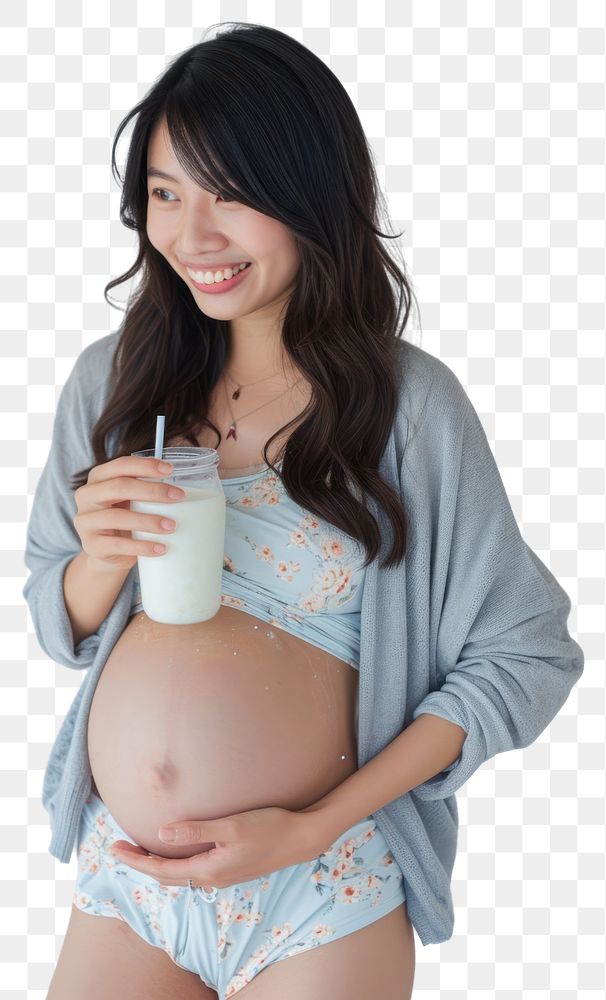 PNG  Pregnant asian woman portrait milk drinking.