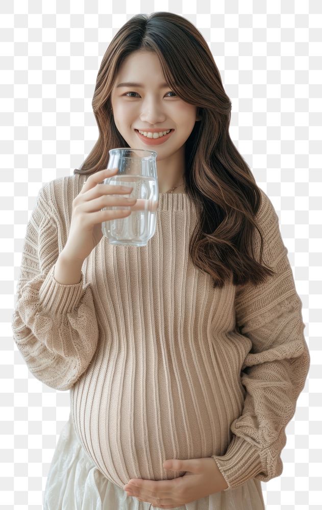 PNG  Pregnant asian woman drinking portrait sweater.