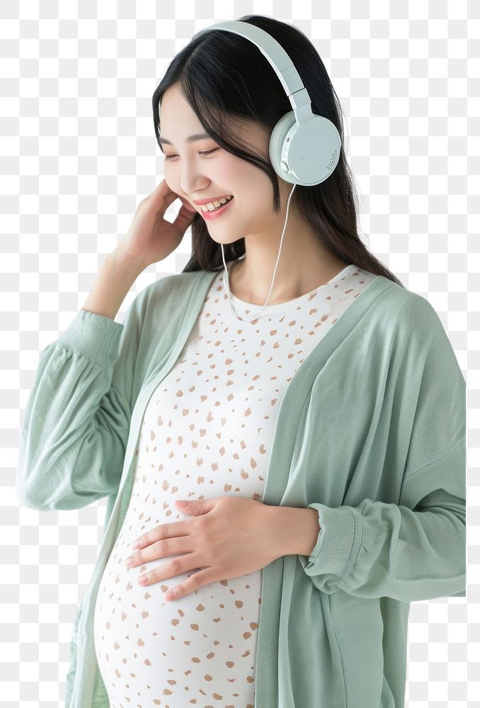 PNG  Pregnant asian woman headphones touching portrait.