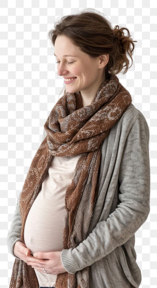 PNG  Pregnant british woman portrait smiling scarf.