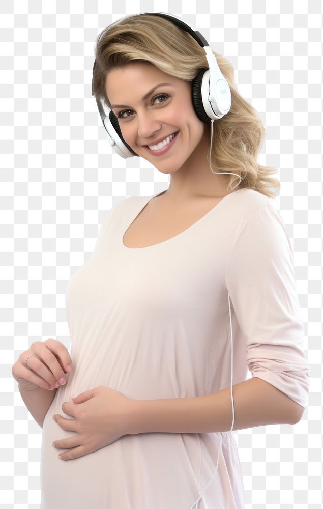 PNG  Pregnant british woman portrait headphones listening.