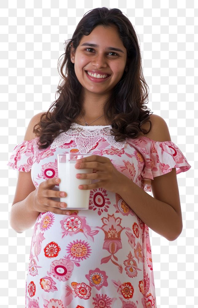 PNG  Pregnant latin woman milk drinking portrait.