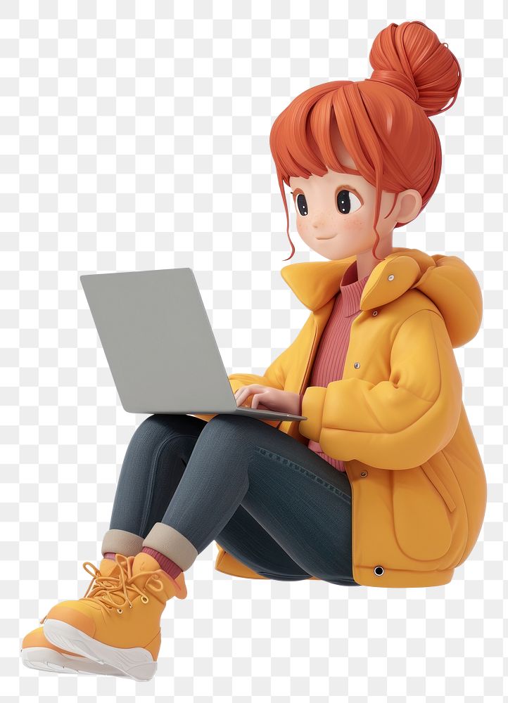 PNG  A girl using laptop computer footwear sitting.