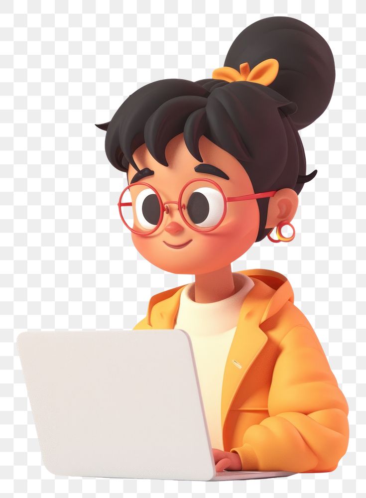 PNG  A girl using laptop cartoon computer white background.