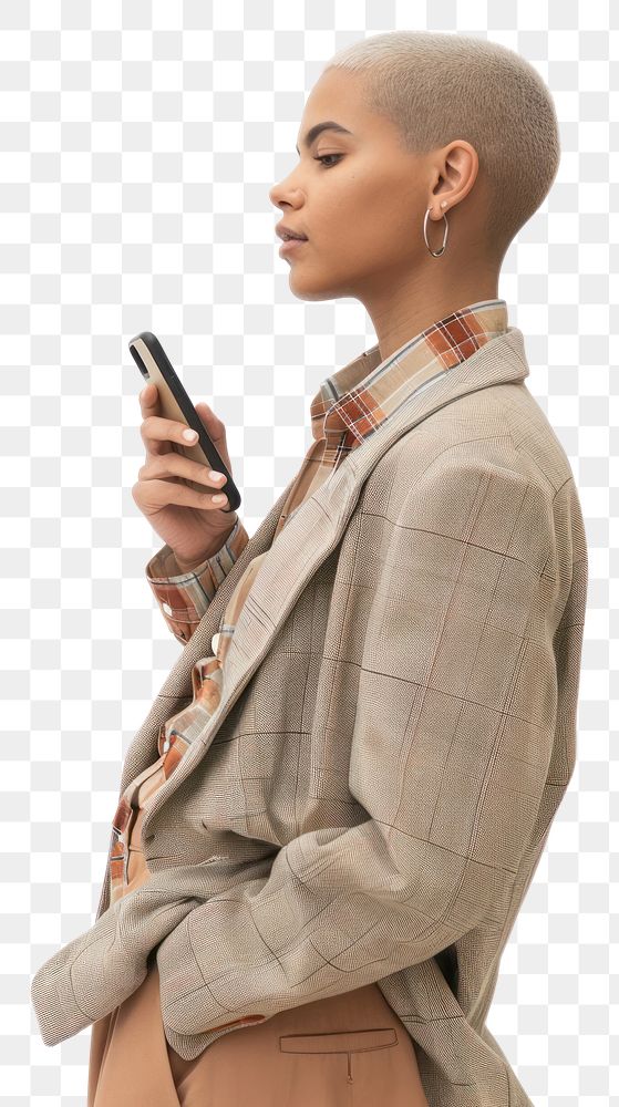 PNG Young woman holding smart phone portrait sitting blazer.