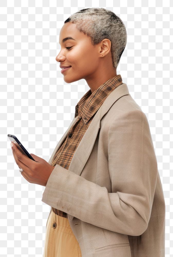 PNG Young woman holding smart phone portrait blazer adult.