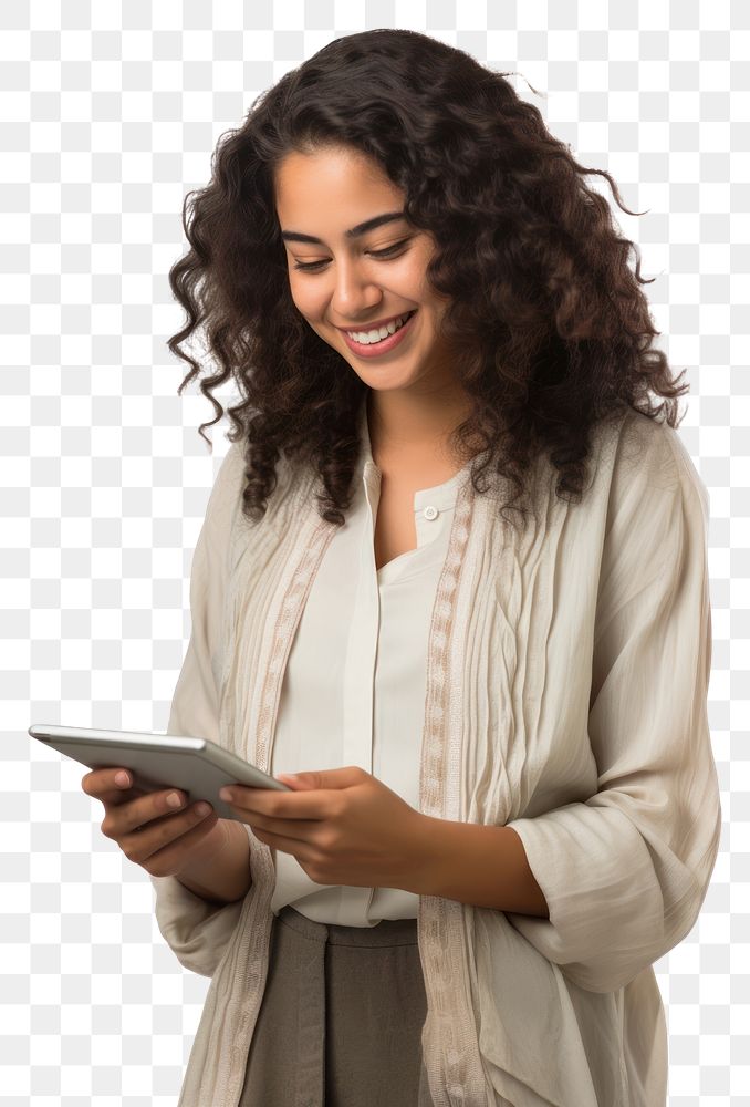 PNG A latin woman computer reading smiling.