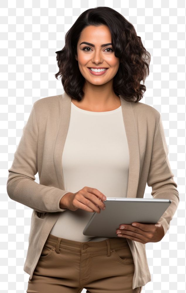 PNG A latin woman computer smiling white background.