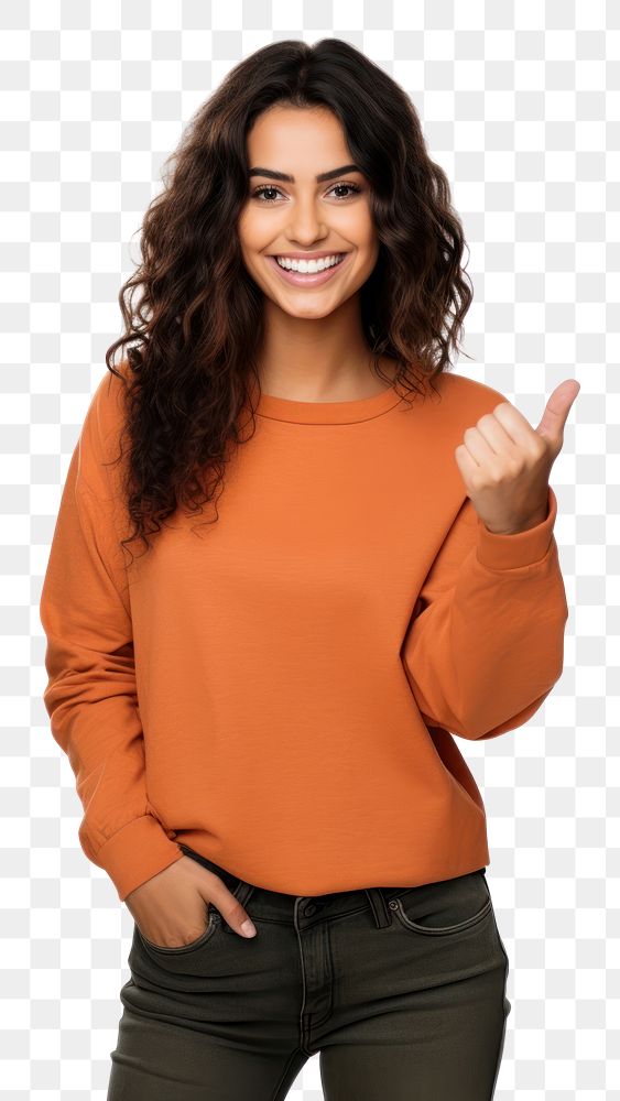 PNG Brunette woman hand pointing sweater. AI generated Image by rawpixel.