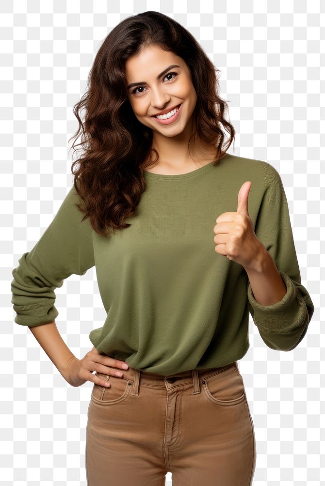PNG Brunette woman hand pointing smiling. AI generated Image by rawpixel.