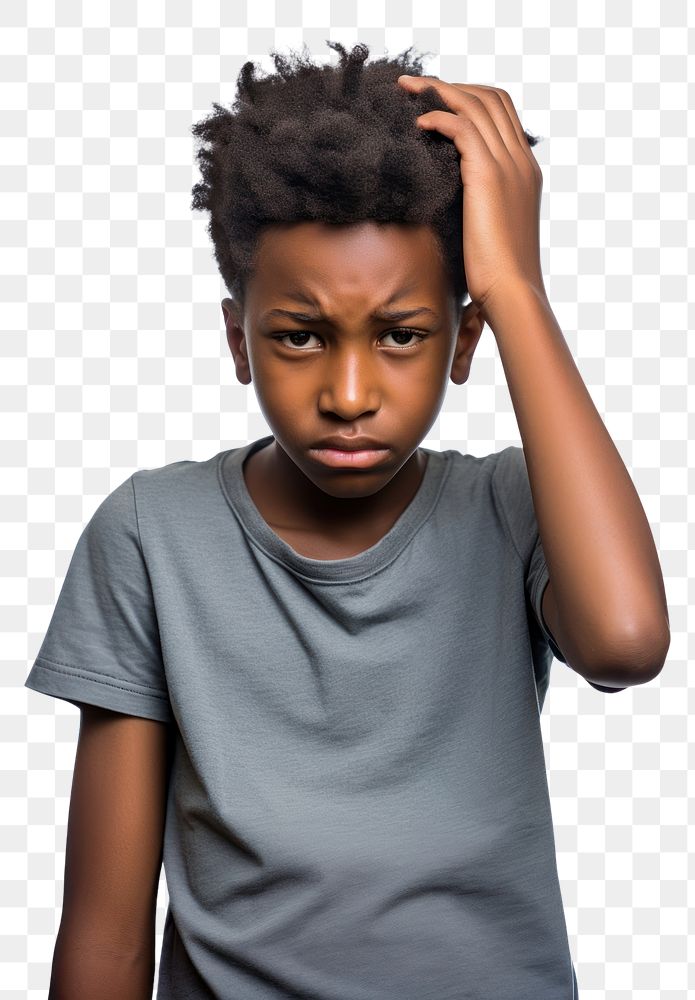 PNG  Young black boy portrait worried photo. AI generated Image by rawpixel.