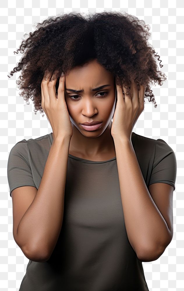 PNG  Young black woman portrait worried adult. AI generated Image by rawpixel.