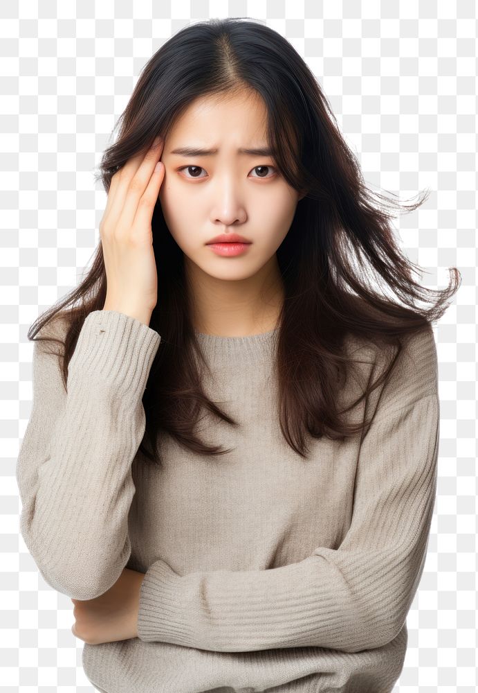 PNG  Young korean woman portrait worried adult. AI generated Image by rawpixel.