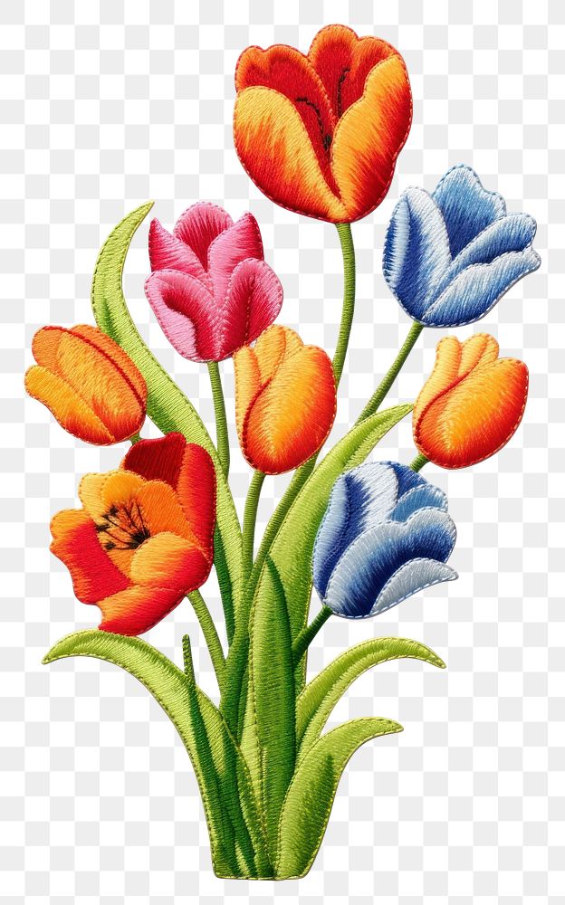 PNG Tulip flower embroidery plant white background. AI generated Image by rawpixel.