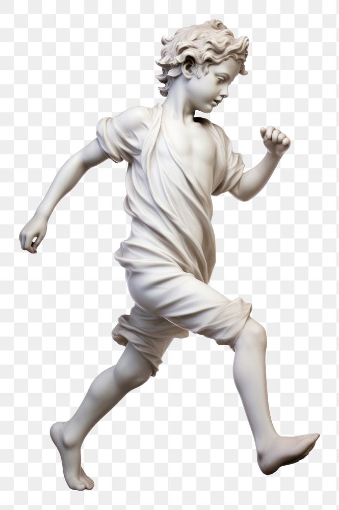 PNG  Greek sculpture kid running statue white art.