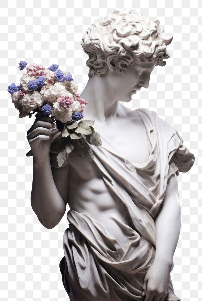 PNG  Greek sculpture holding flower bouquet statue plant white.