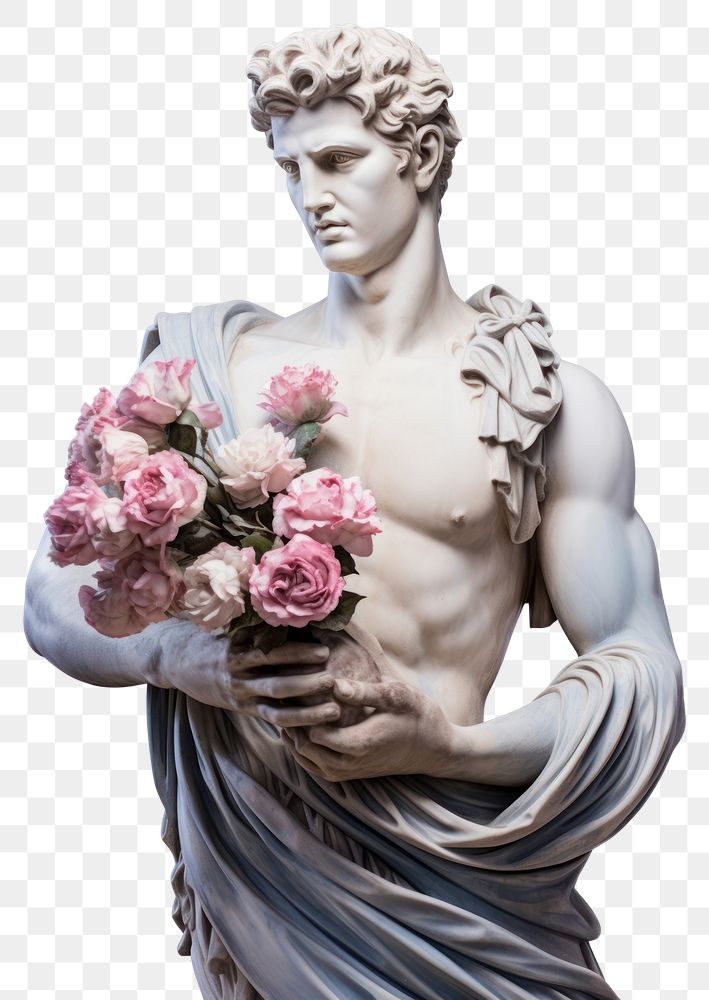 PNG  Greek sculpture holding flower bouquet statue adult plant