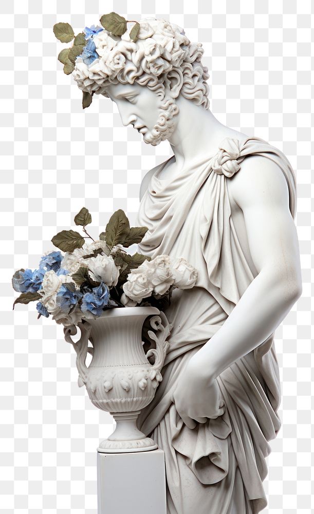 PNG  Greek sculpture holding flower bouquet statue plant adult.