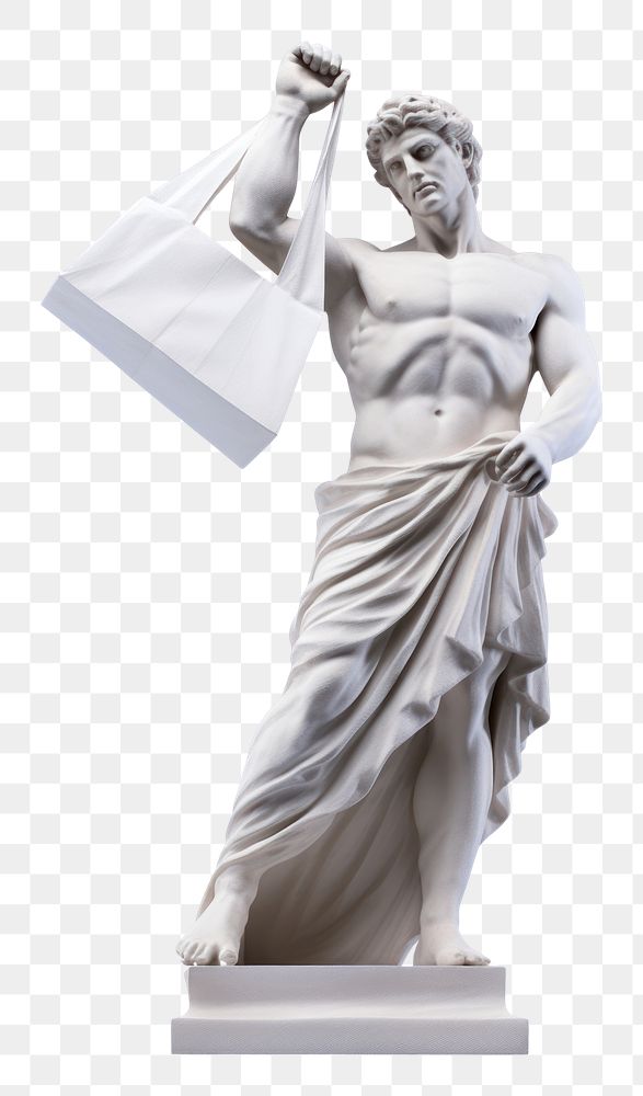 PNG  Greek sculpture holding shopping bag statue art white background.