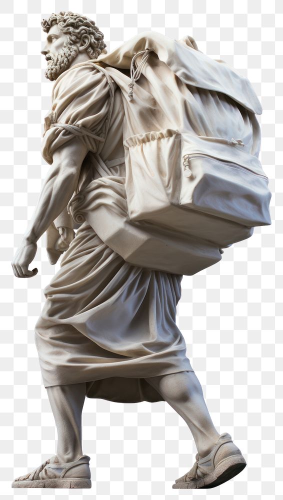 PNG  Greek sculpture traveling statue backpack art.