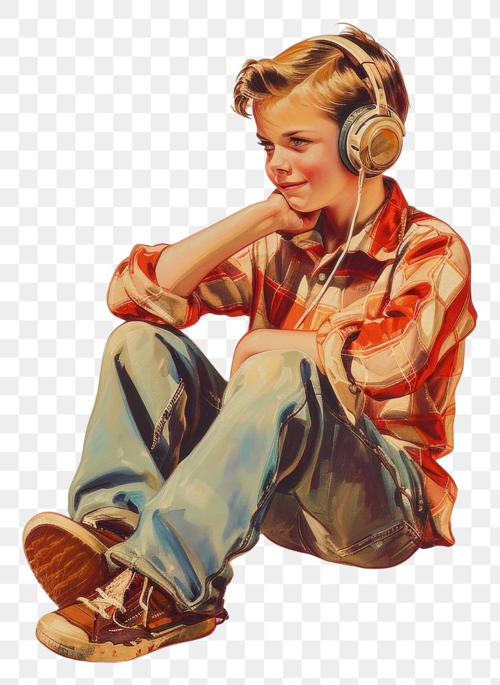 PNG Vintage illustration boy listen music headphones art painting.