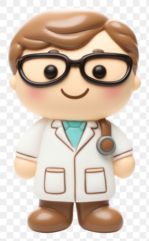 PNG Cute doctor cookie figurine glasses toy.