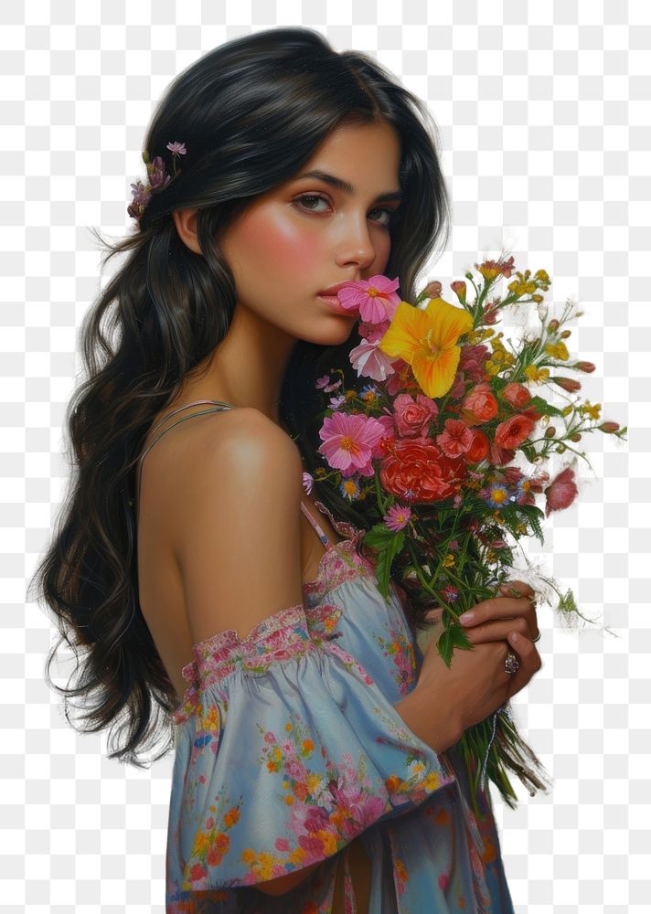 PNG Vibrant Latina Brazilian young girl flower painting portrait.