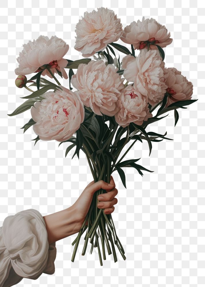 PNG A hand delicately holding a bouquet of peonies painting flower fragility