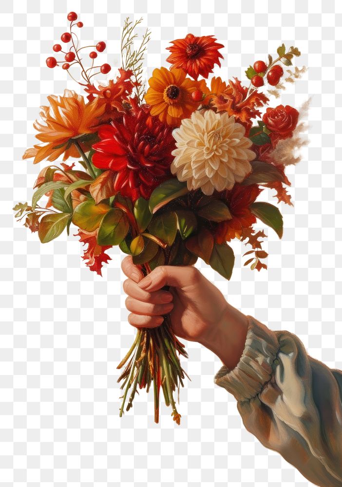 PNG Gentle hand delicately holding a bouquet of autumn flowers painting yellow plant
