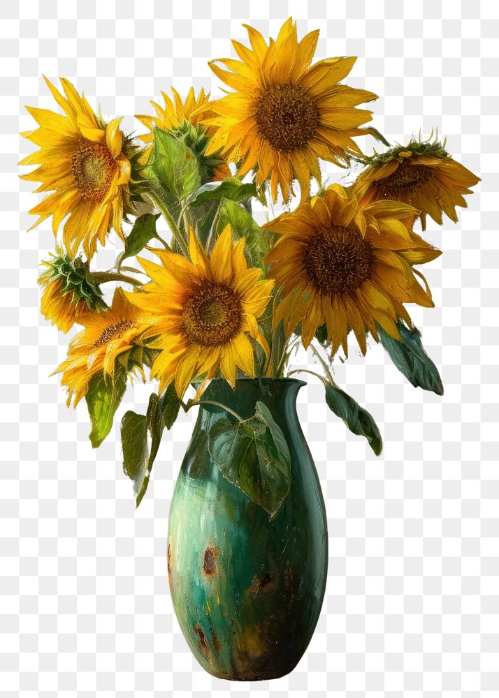 PNG A bouquet of fresh sunflowers in a vase painting plant art