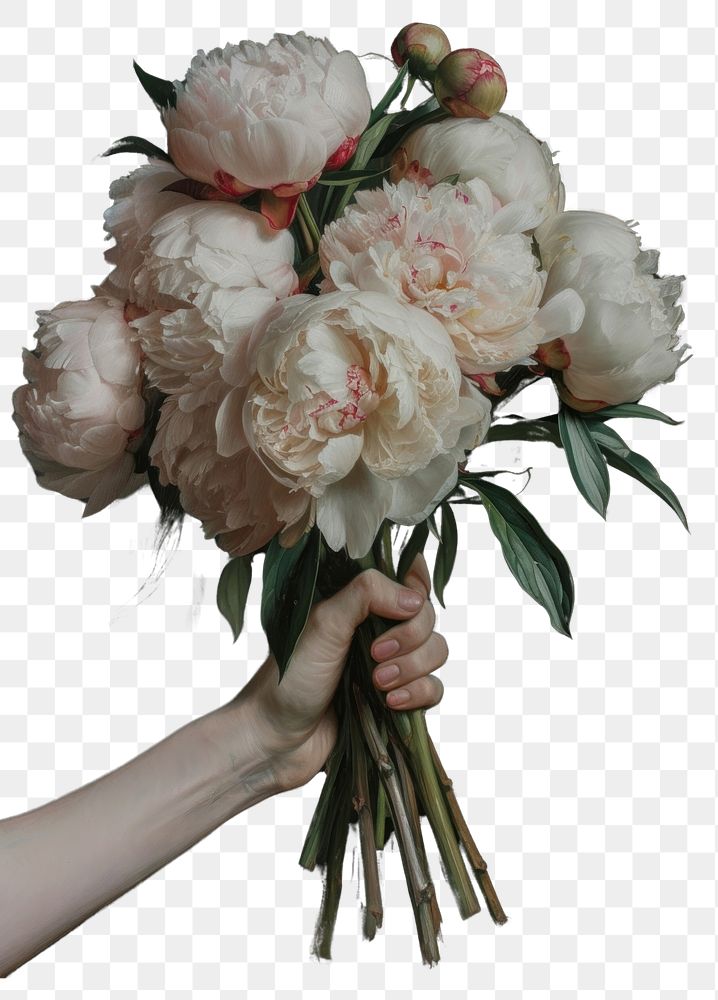 PNG A hand delicately holding a bouquet of peonies painting flower fragility.